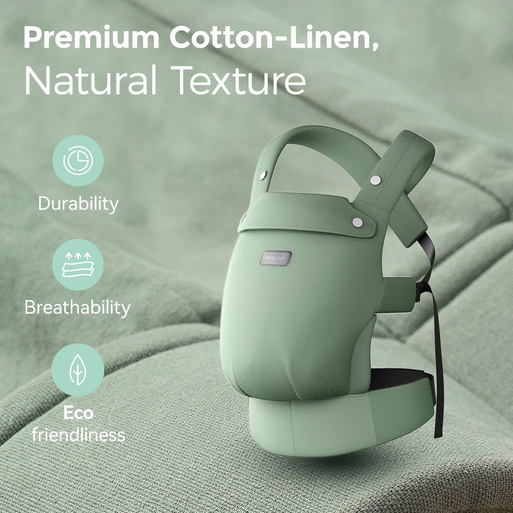 Momcozy baby carrier worn in front view demonstrates hands-free bonding during daily tasks