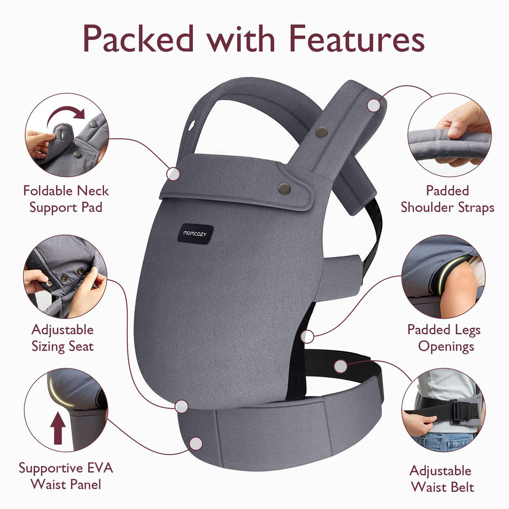 Momcozy baby carrier growth sizing grey emphasizes adjustable positions for growing child