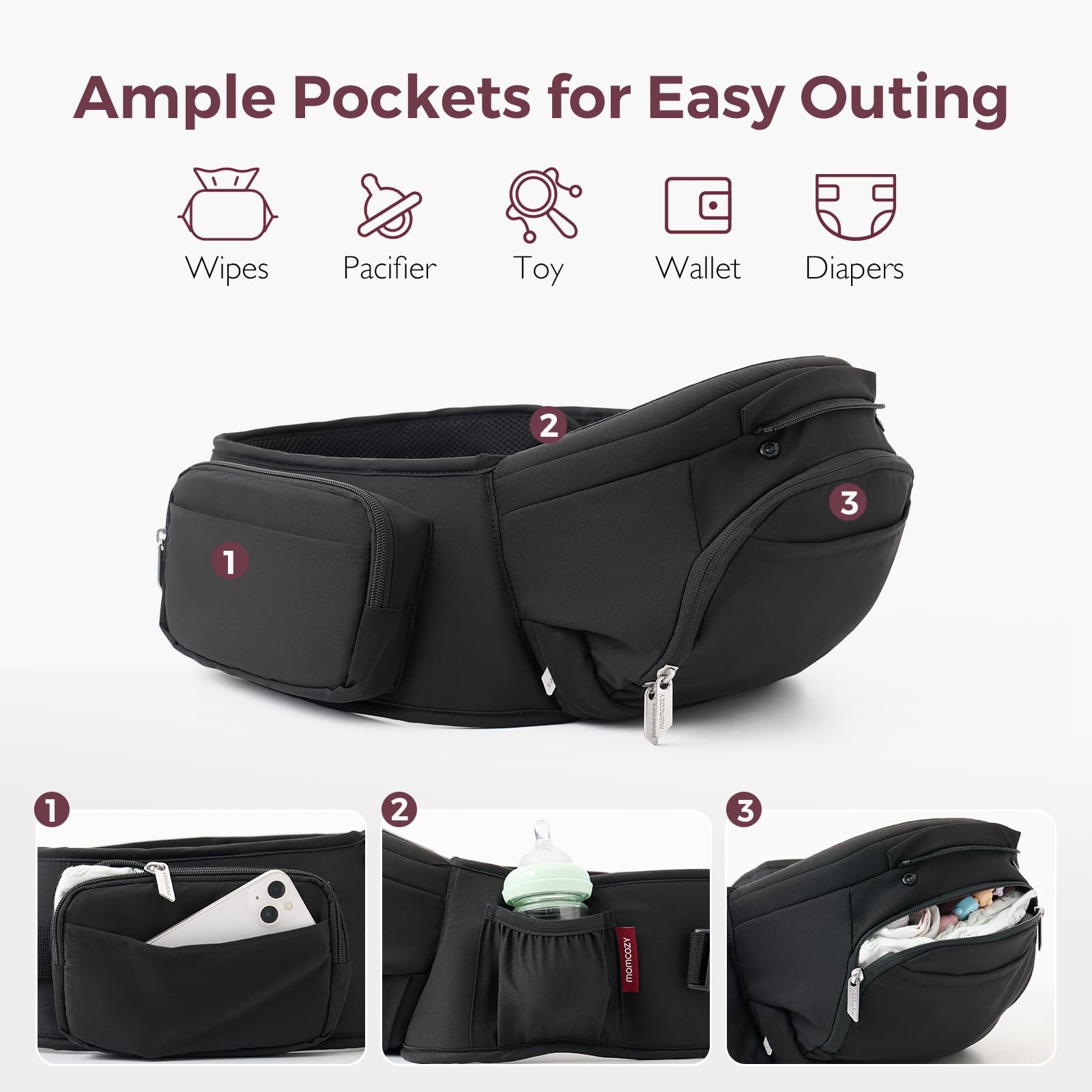 Momcozy hip-seat cradle position emphasizes gentle support for younger babies.