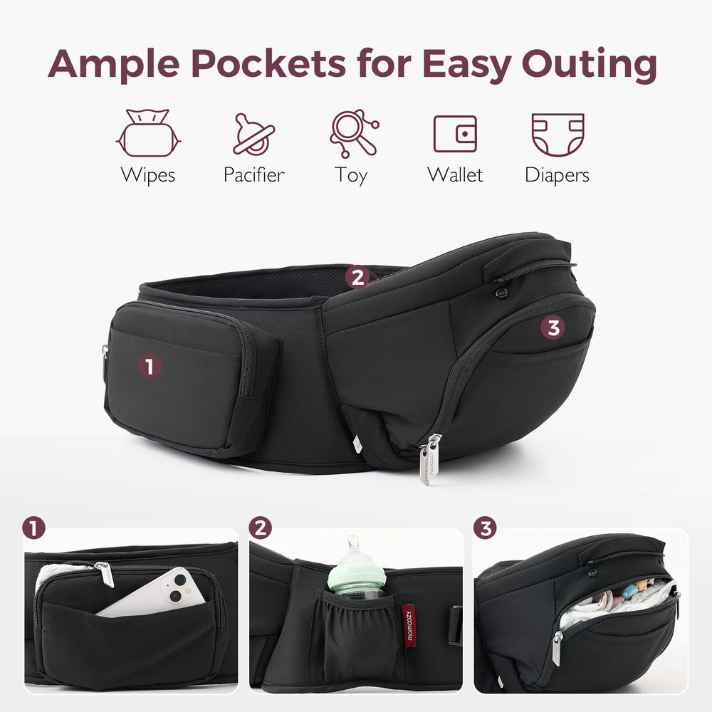 Momcozy hip-seat cradle position emphasizes gentle support for younger babies.