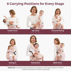 Momcozy hip-seat cradle position demonstrates ergonomic support for early sitting and weight distribution.