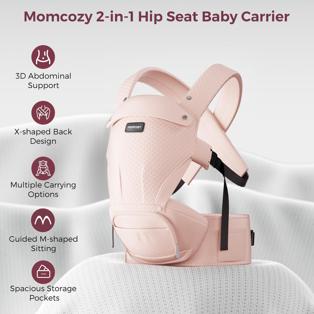 Momcozy hip-seat forward-facing view highlighting active baby engagement and parent closeness.