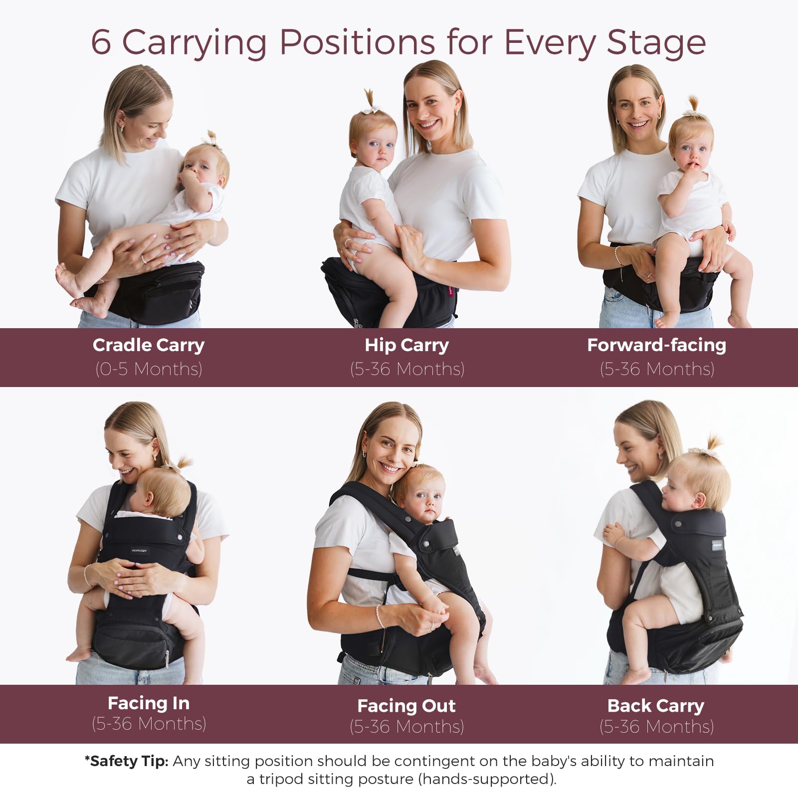 Momcozy hip-seat forward-facing view highlights active baby exploration nearby.