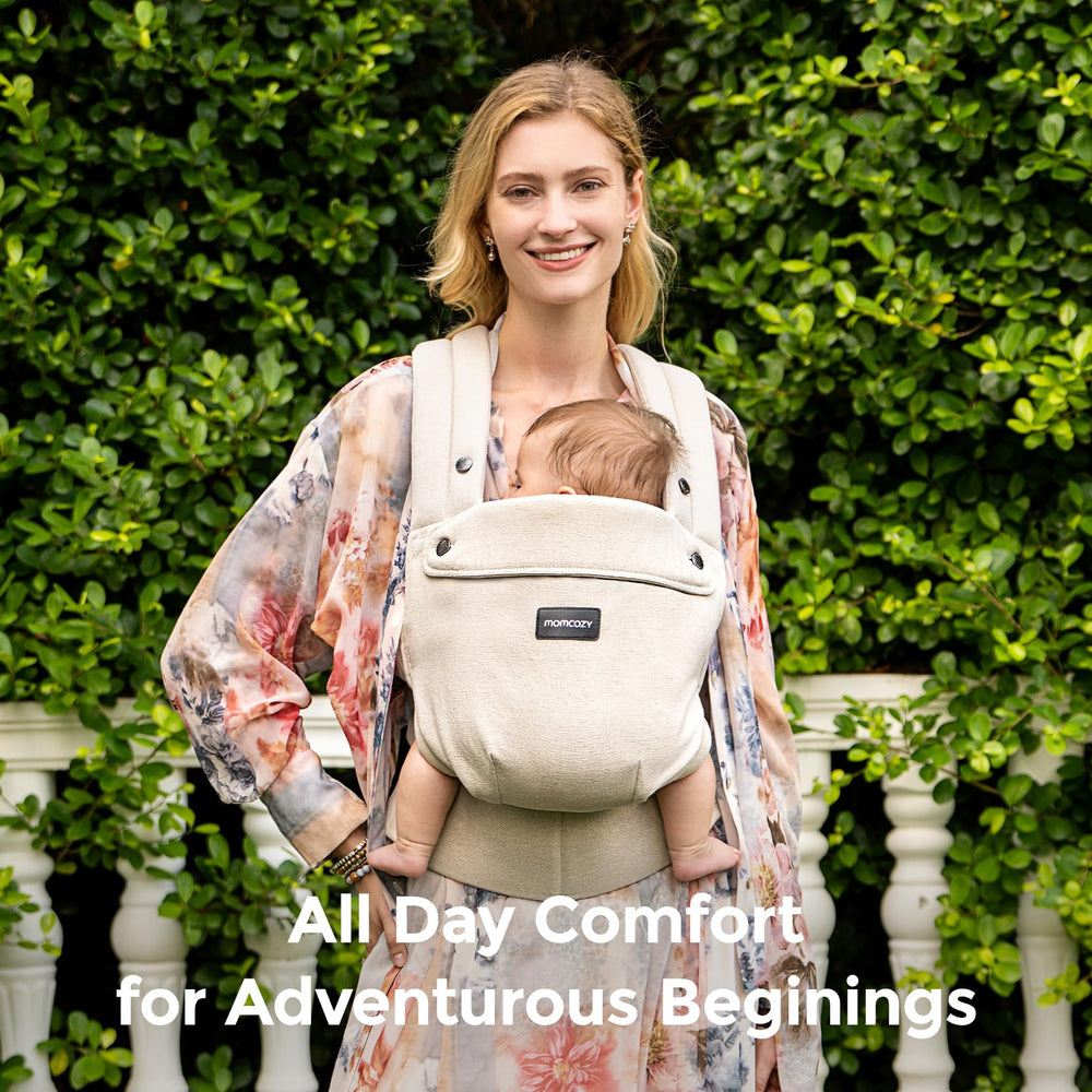 Momcozy Baby Carrier Light Amber color pairs with outfits while providing all-day support.