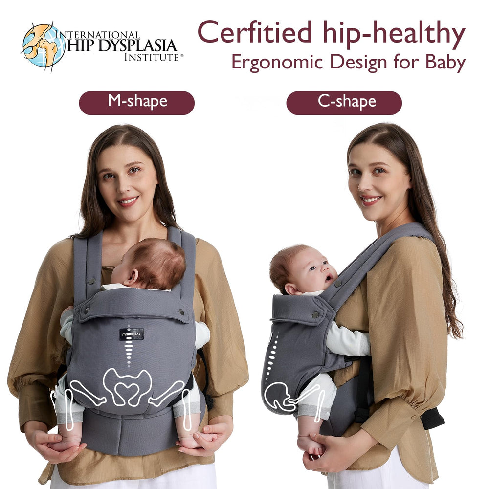 Momcozy baby carrier lumbar support grey demonstrates back comfort during extended wear