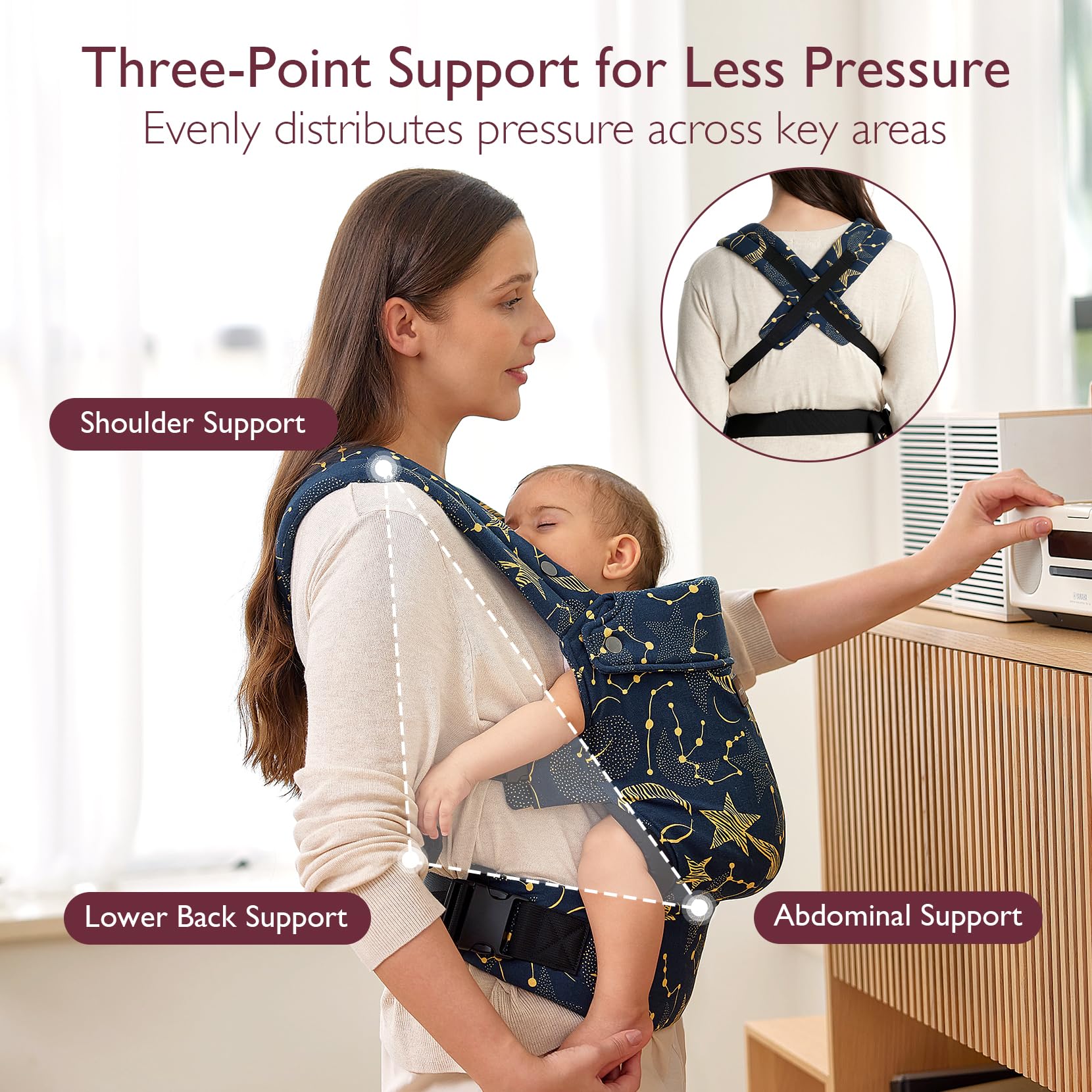 Momcozy baby carrier lumbar-support for extended wear comfort