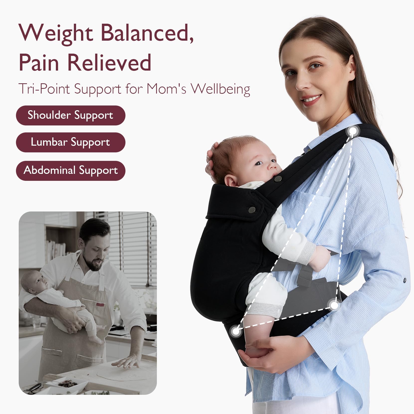 Momcozy Baby Carrier lumbar-support highlights reduced back strain during wear