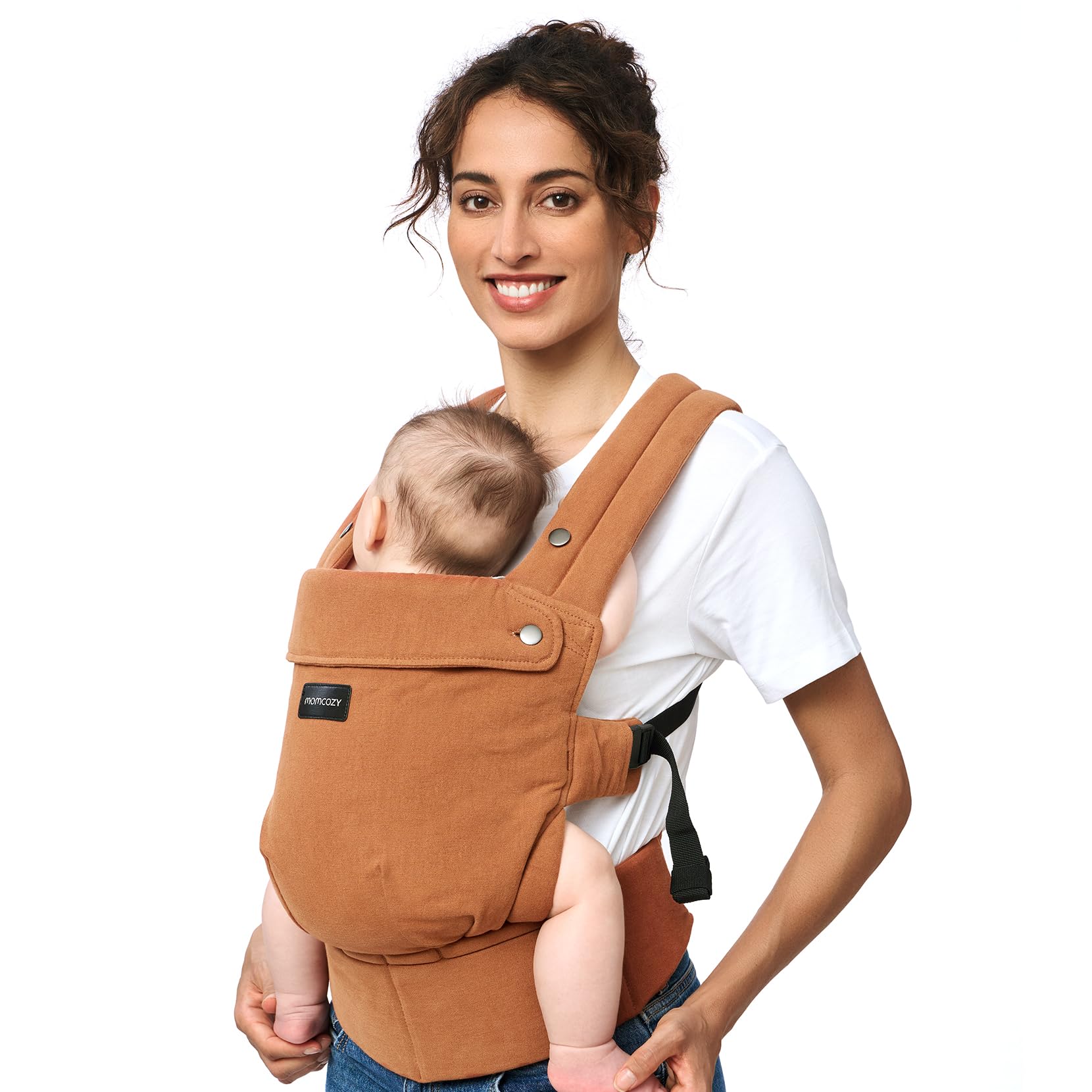 Momcozy baby carrier in natural cotton linen worn for all-day comfort.