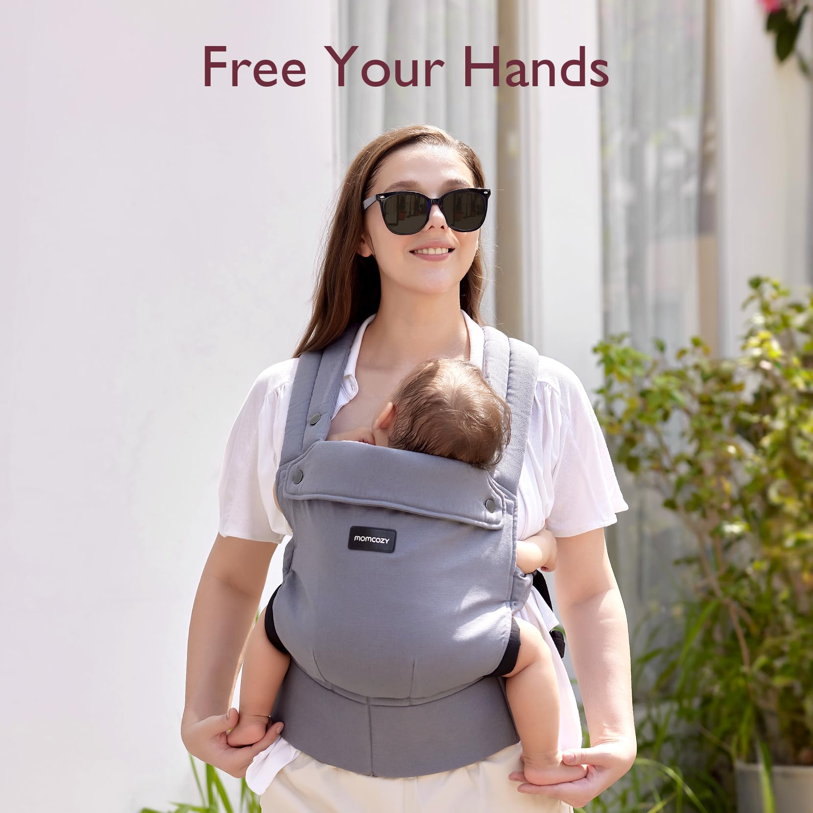Momcozy carrier OEKO-TEX cotton grey highlights skin-friendly, breathable fabric