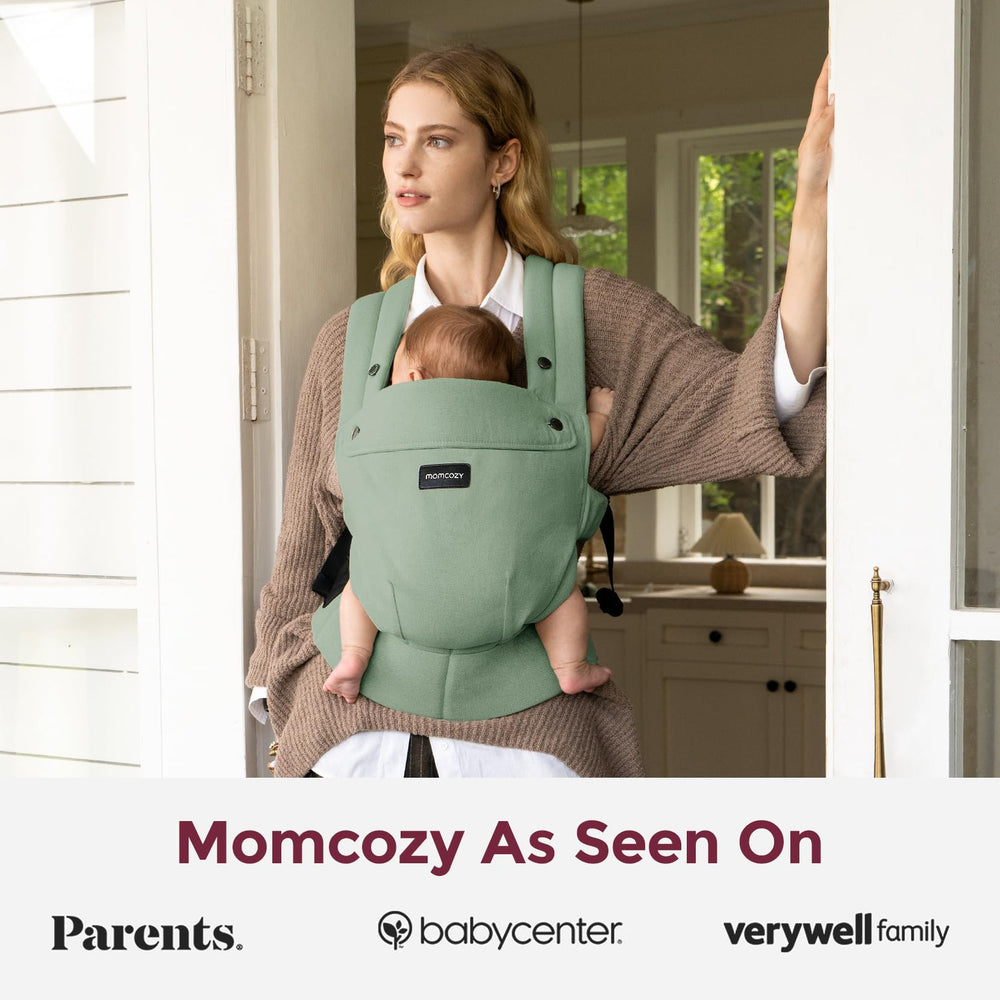 Momcozy baby carrier highlights padded leg openings for tiny hips and improved comfort