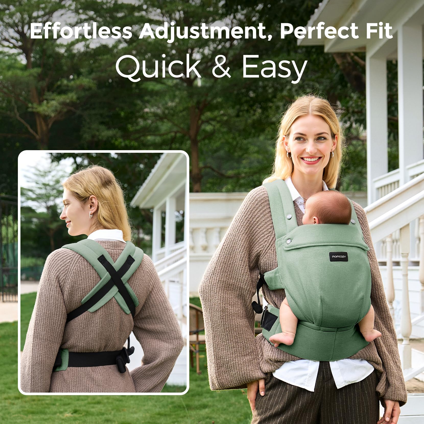 Momcozy baby carrier displays three stage growth for 7-44 pounds with ergonomic seating