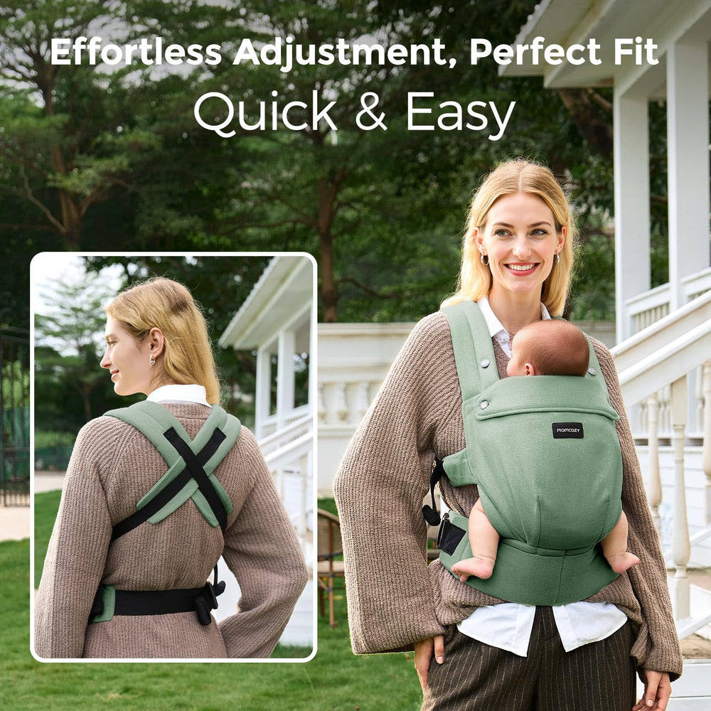 Momcozy baby carrier displays three stage growth for 7-44 pounds with ergonomic seating
