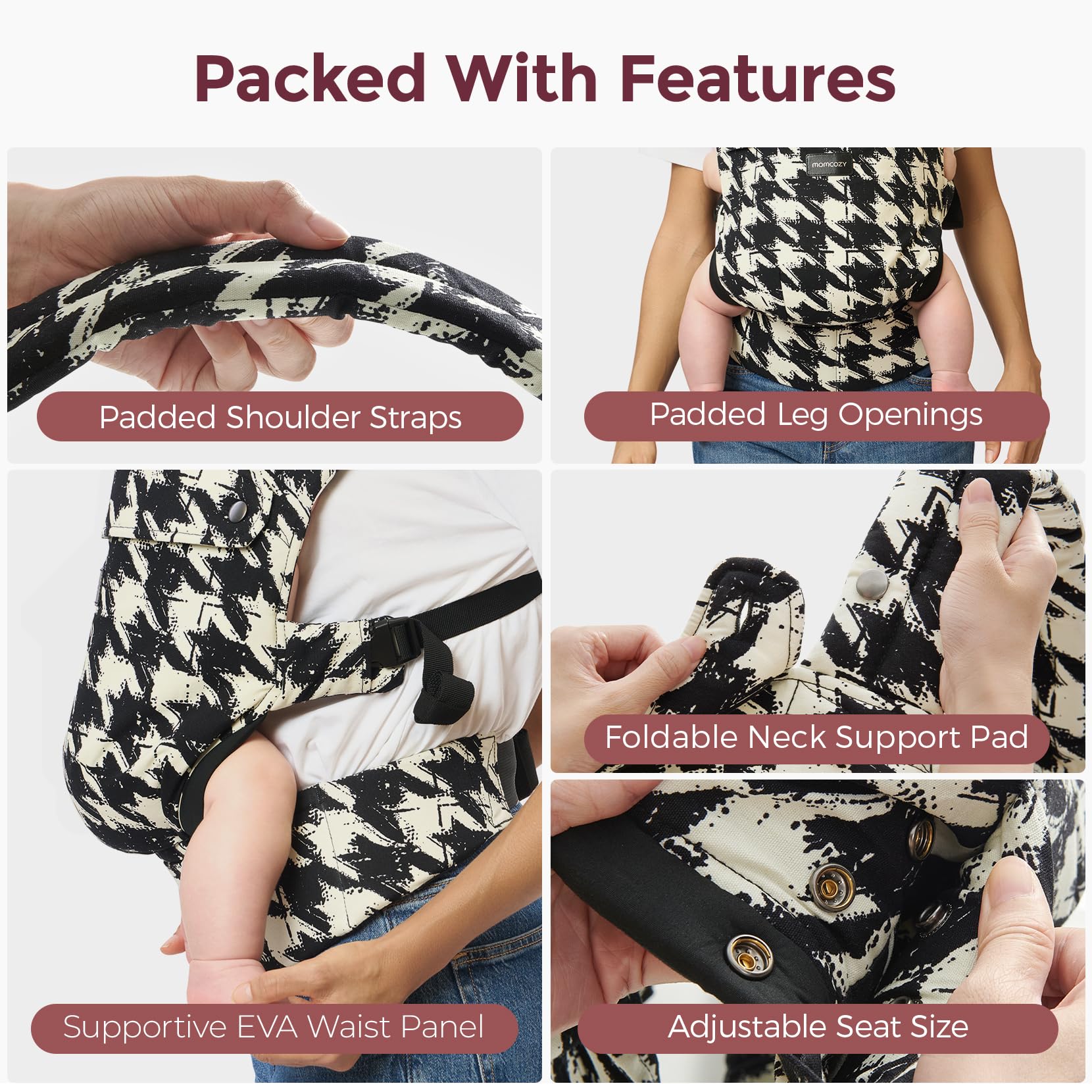 Momcozy baby carrier X-back design distributes weight more evenly.