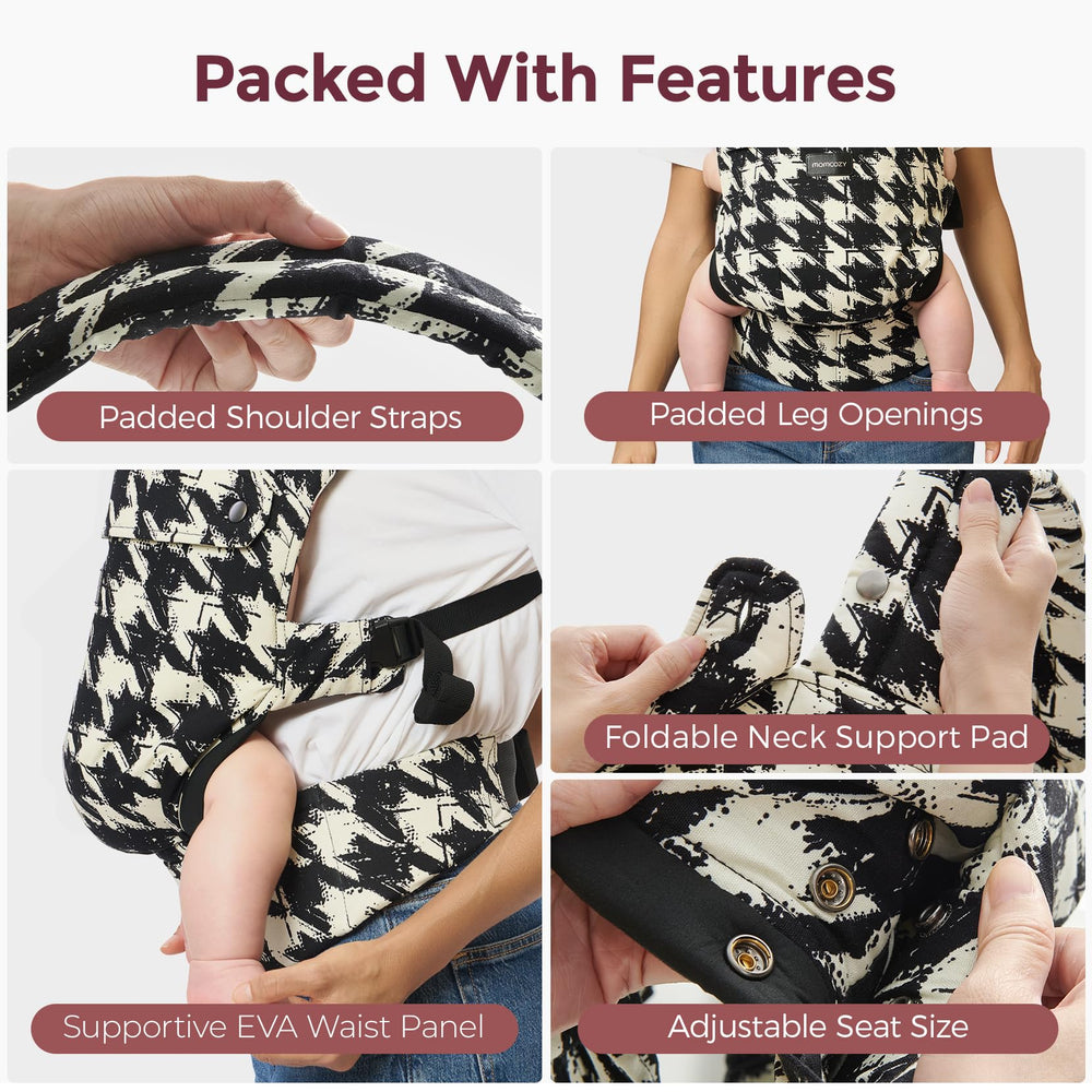 Momcozy baby carrier X-back design distributes weight more evenly.