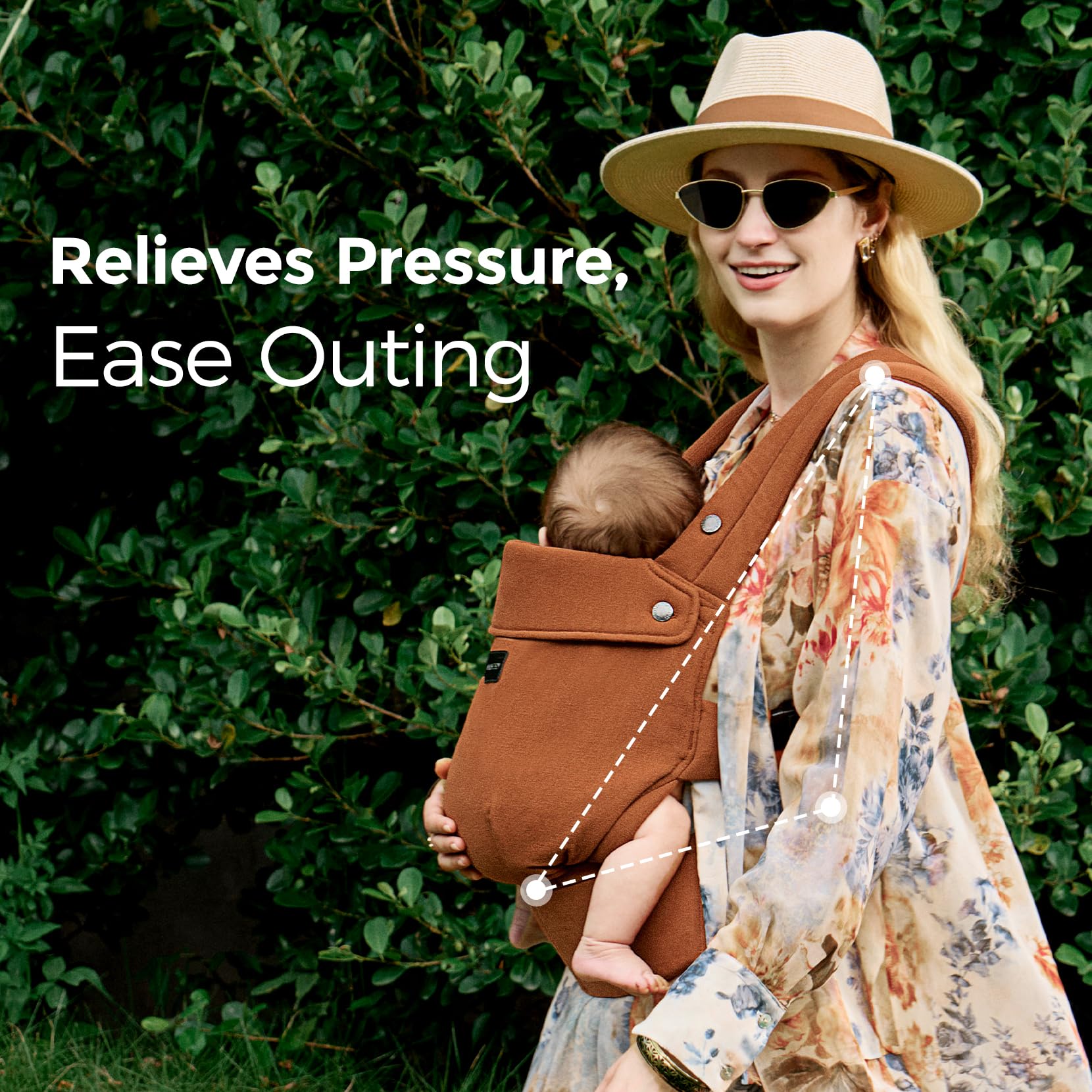 Momcozy baby carrier X-shaped back design distributes weight evenly.