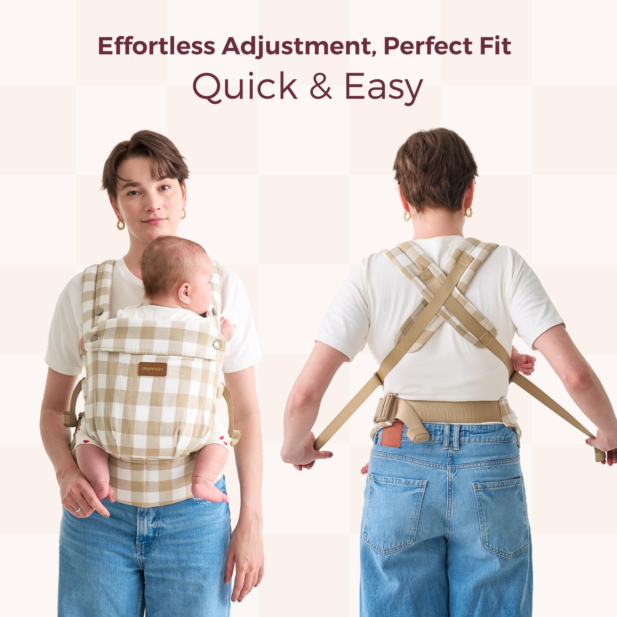 Momcozy baby carrier X-shaped back design distributes weight for comfort
