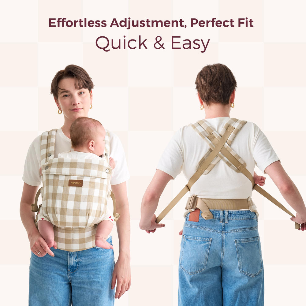 Momcozy baby carrier X-shaped back design distributes weight for comfort