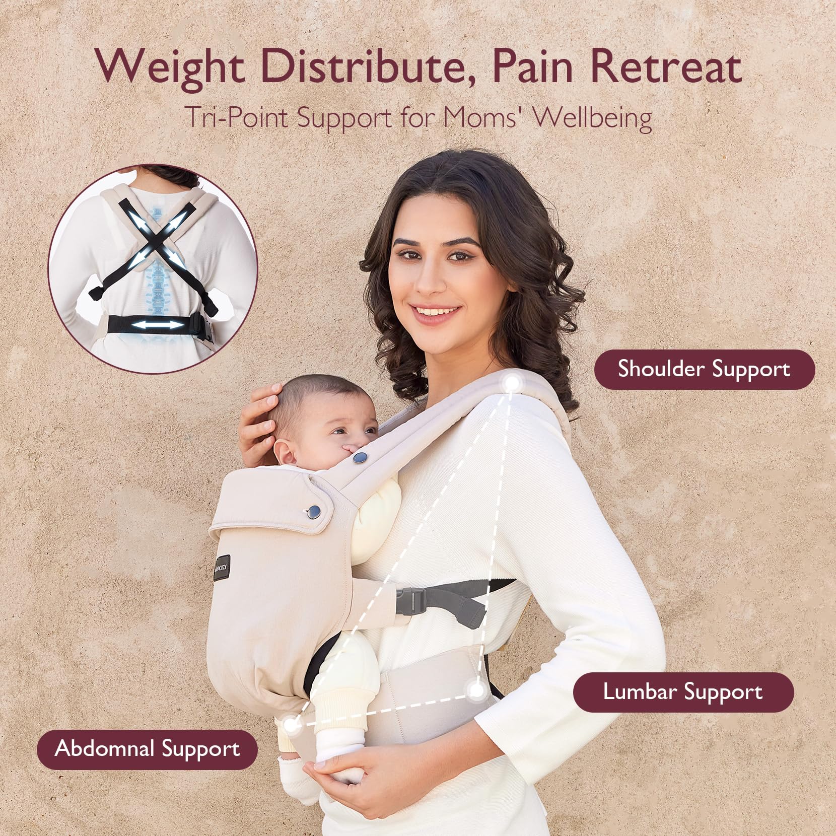 Momcozy Baby Carrier X-shaped back design distributes weight evenly for comfort