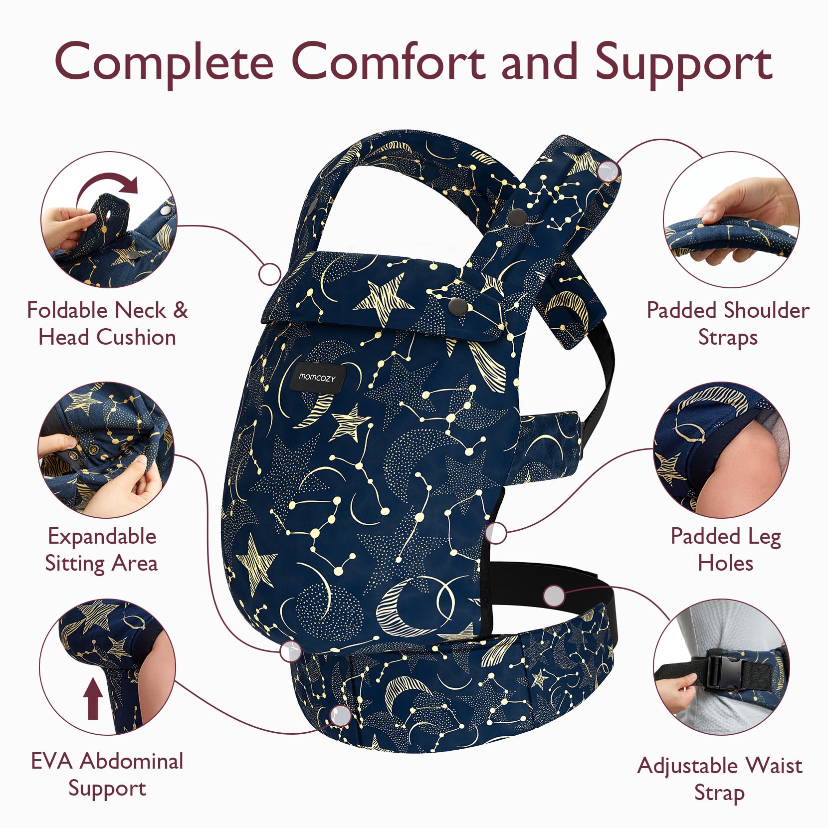 Momcozy baby carrier X-shaped back for evenly distributed weight