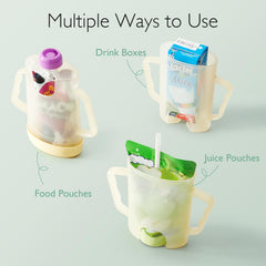 Momcozy yellow pouch holder showing mess-free design to prevent leaks during meals.