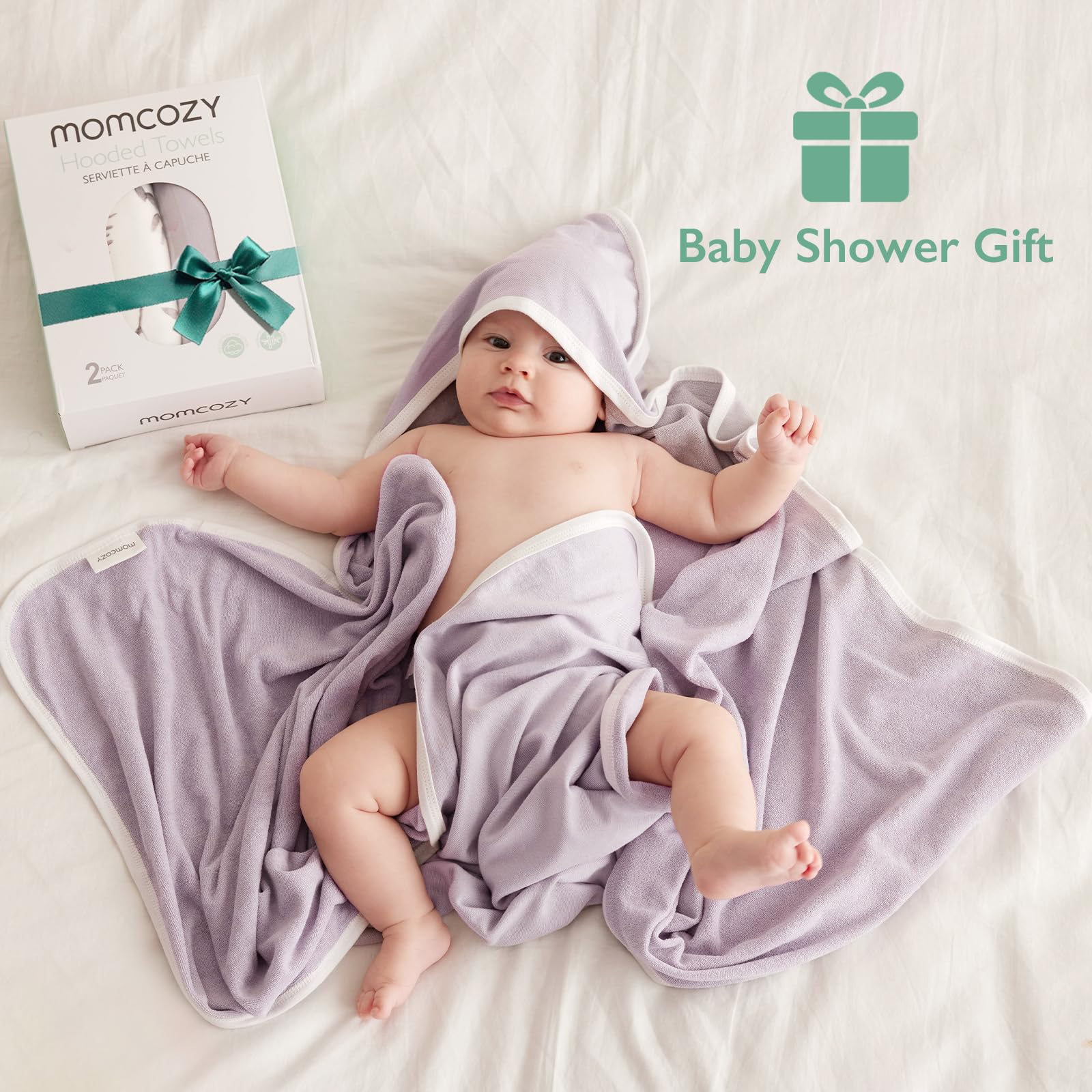 Bold 28x28 inch Momcozy hooded towel demonstrates generous size for newborn to toddler
