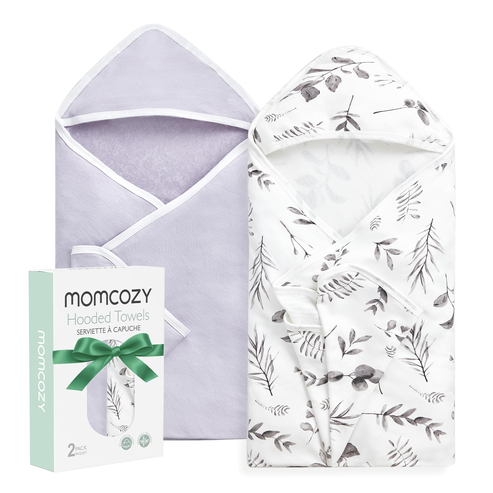 Momcozy baby hooded towel in ink wash leaves set shows two-pack packaging