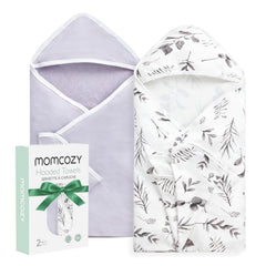 Momcozy baby hooded towel in ink wash leaves set shows two-pack packaging