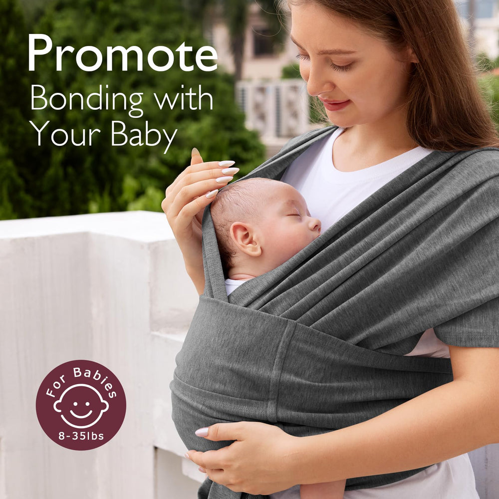 Momcozy baby securely seated in wrap highlights ergonomic support during everyday activities.