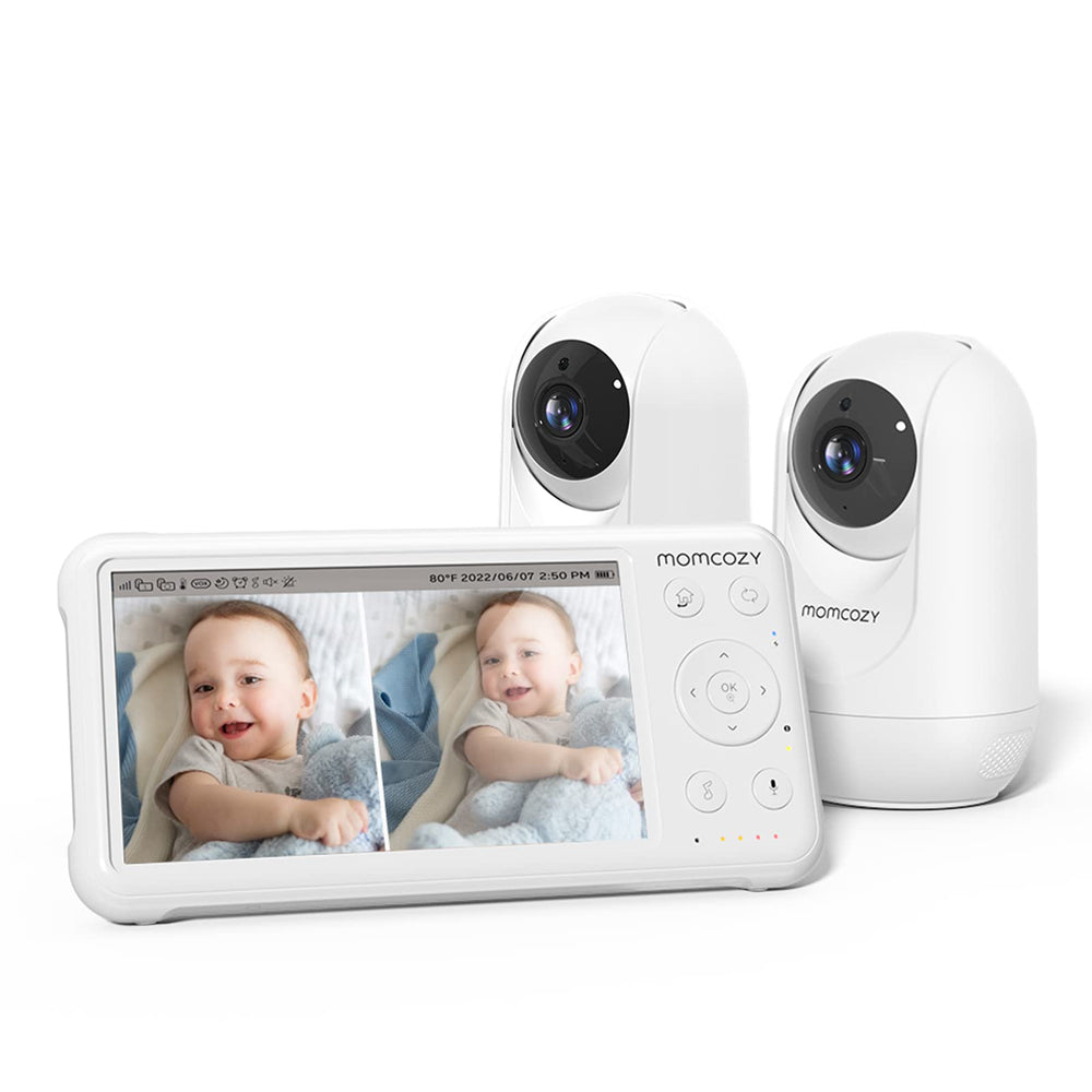 Momcozy baby monitor shows two camera views in split-screen for easy multitasking.