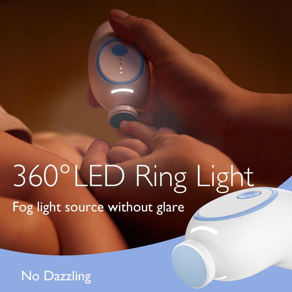 Momcozy Baby Nail File Electric blue LED light display for night grooming safety.