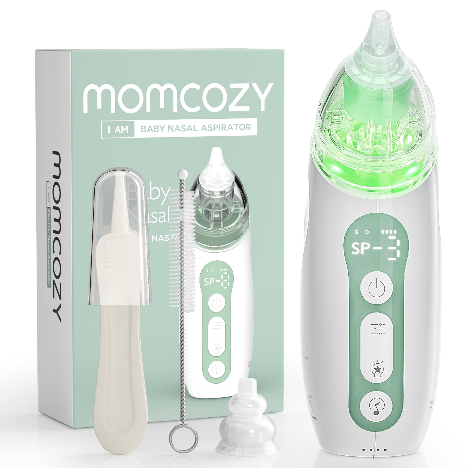 Momcozy Baby Nasal Aspirator front view shows compact design for travel ease.