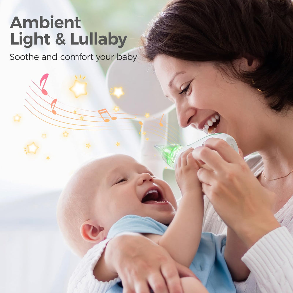 Momcozy Baby Nasal Aspirator light and lullabies image emphasizes soothing ambience during cleaning.