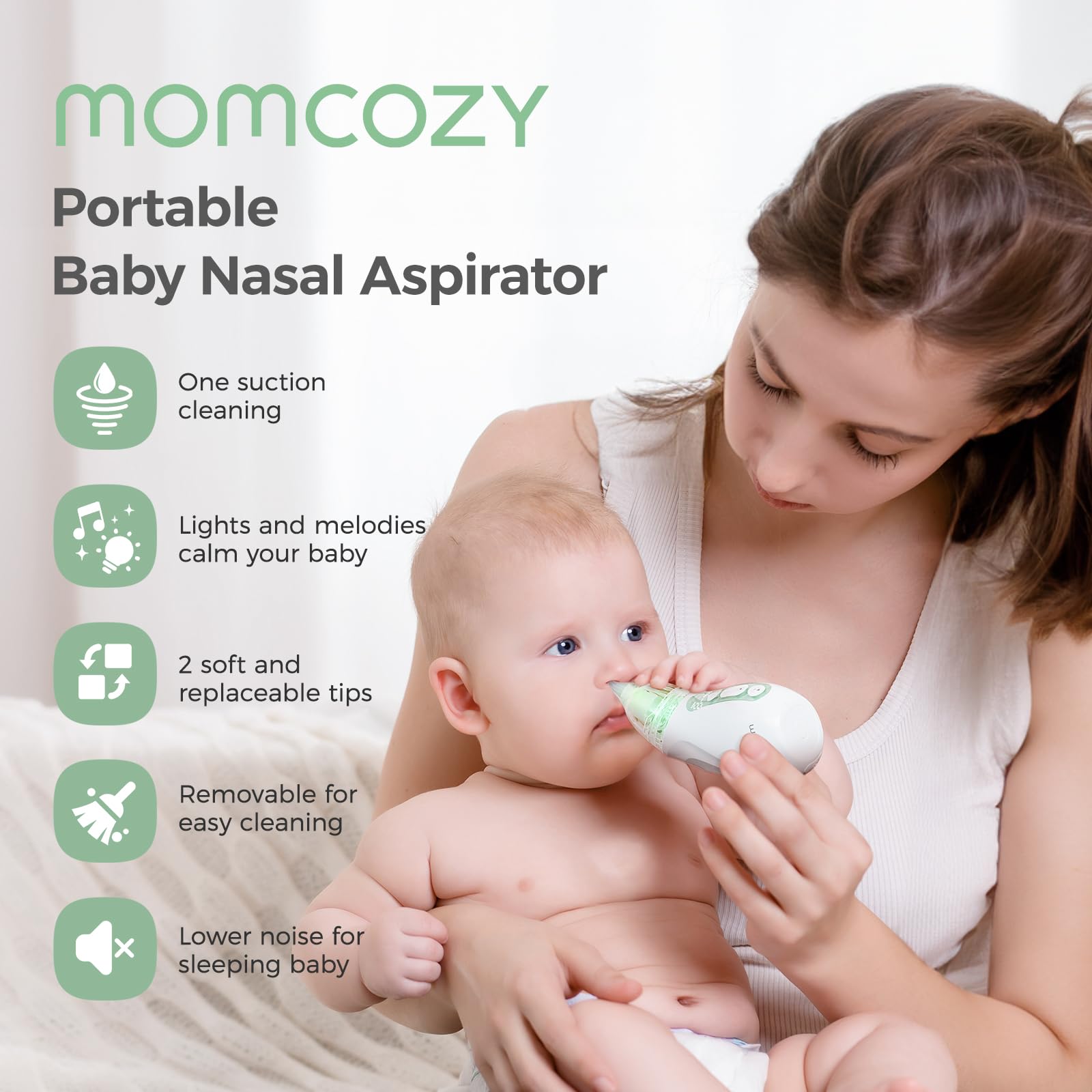 Momcozy Baby Nasal Aspirator suction levels reveal adjustable power for varying boogers and gentle care.