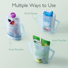 Momcozy baby pouch holder blue in-use demonstrates easy grip for self-feeding.