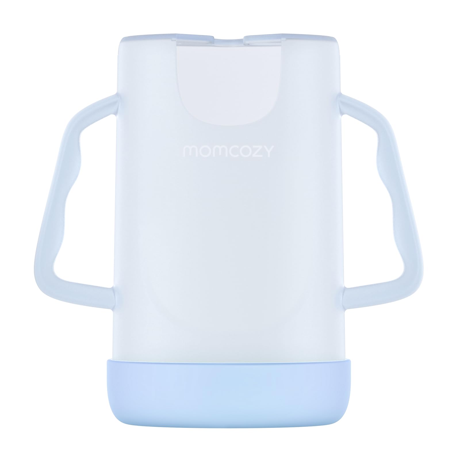 Momcozy baby pouch holder blue closeup shows safe materials for mess-free feeding.