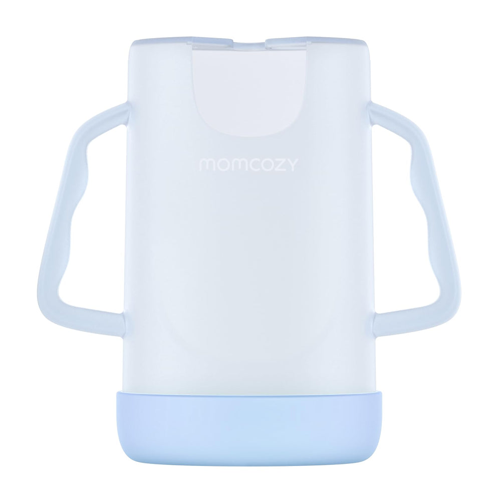 Momcozy baby pouch holder blue closeup shows safe materials for mess-free feeding.
