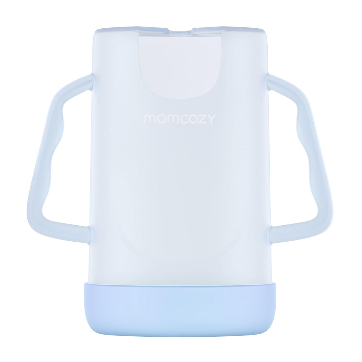 Momcozy baby pouch holder blue closeup shows safe materials for mess-free feeding.