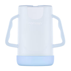 Momcozy baby pouch holder blue closeup shows safe materials for mess-free feeding.