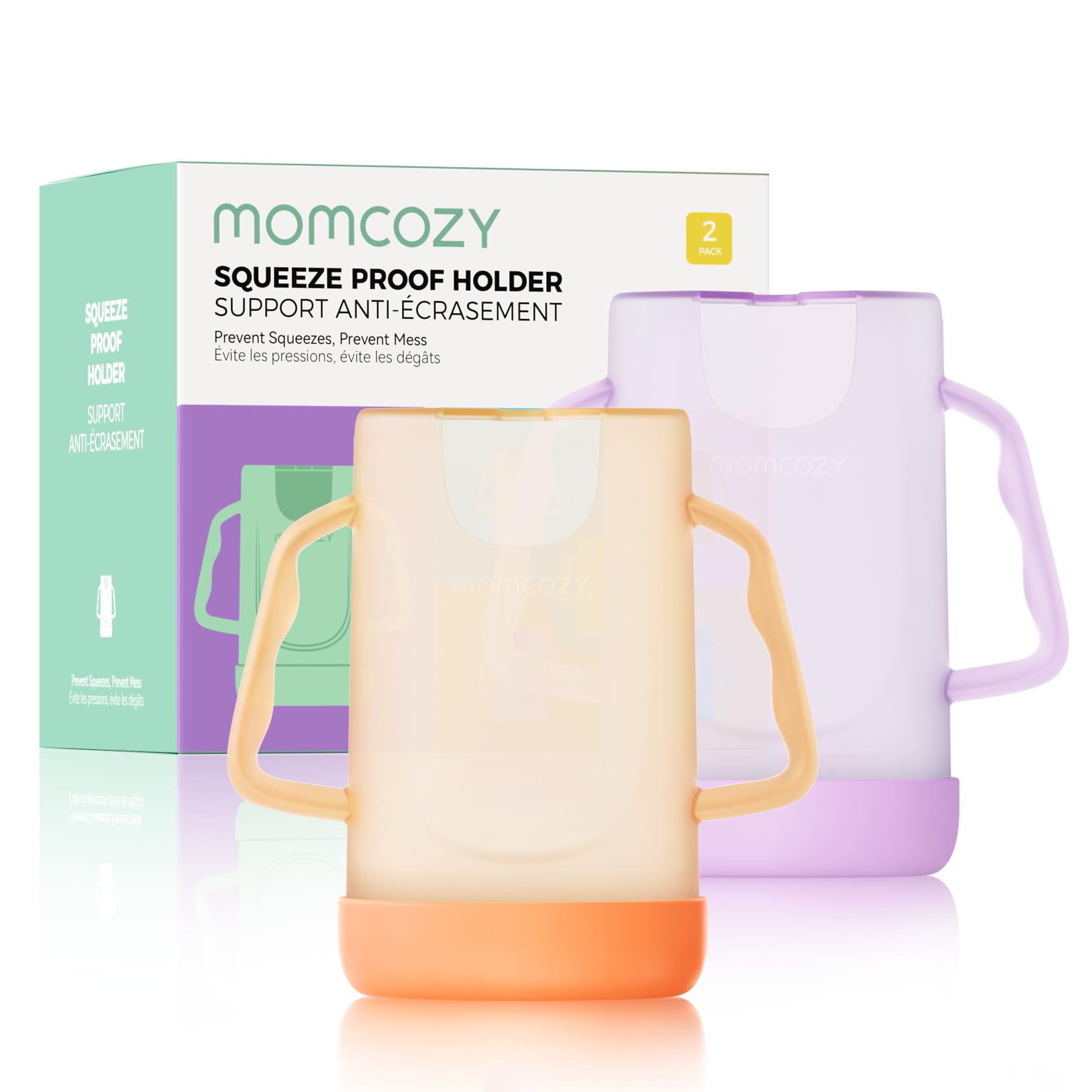 Momcozy baby pouch holder no-squeeze closeup showing secure grip for mess-free feeding