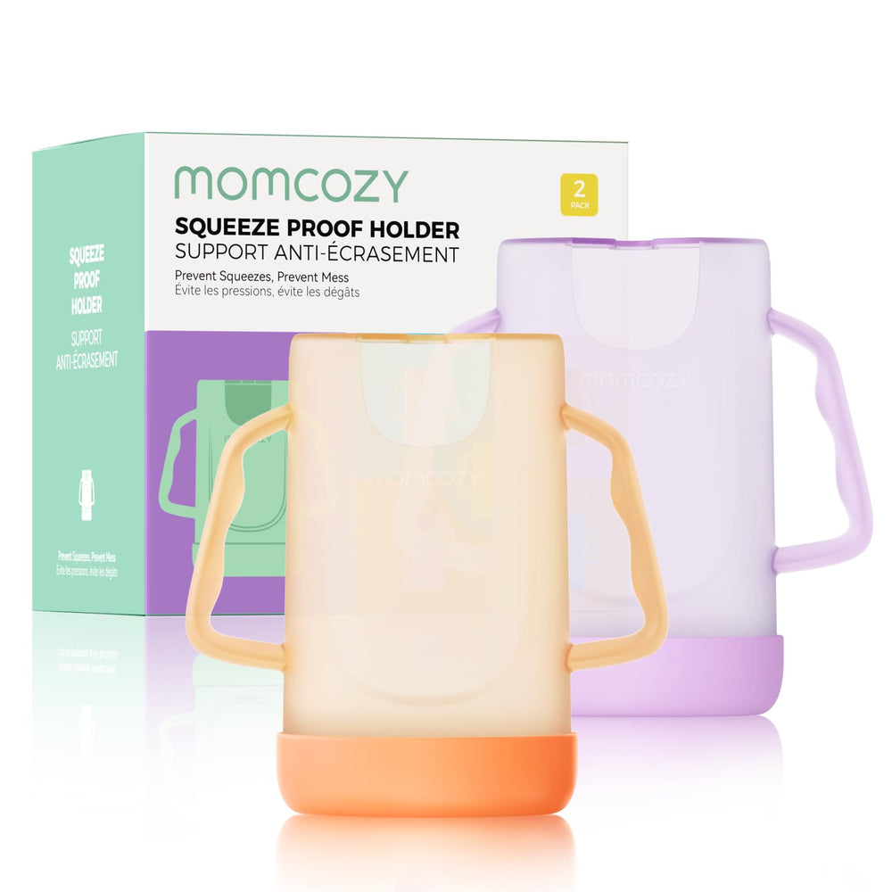 Momcozy baby pouch holder no-squeeze closeup showing secure grip for mess-free feeding