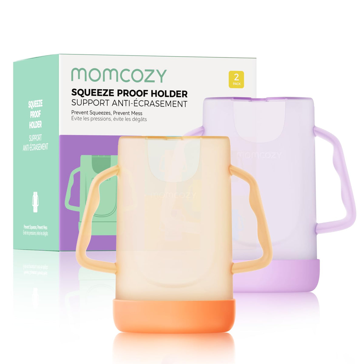 Momcozy baby pouch holder no-squeeze closeup showing secure grip for mess-free feeding