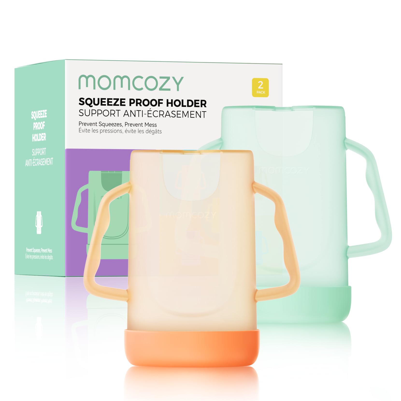 Momcozy baby pouch holder with no-squeeze grip for mess-free feeding on the go.