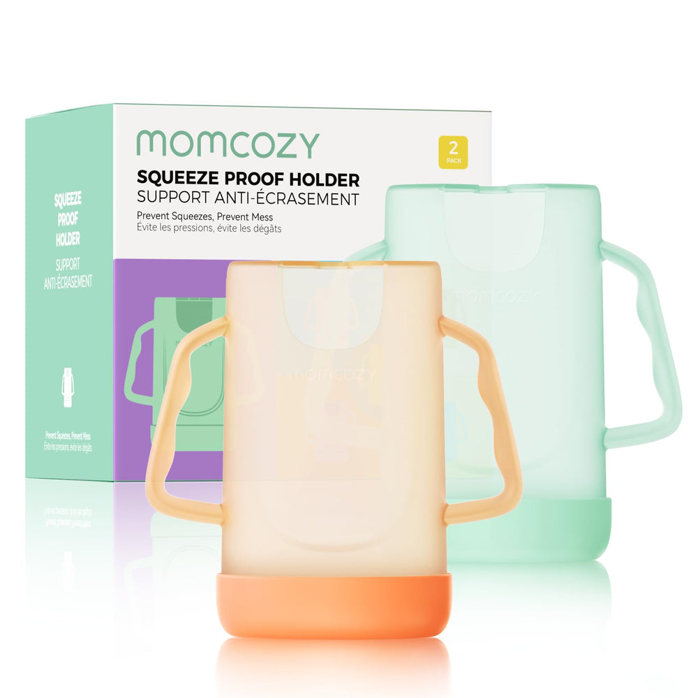Momcozy baby pouch holder with no-squeeze grip for mess-free feeding on the go.