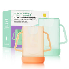Momcozy baby pouch holder with no-squeeze grip for mess-free feeding on the go.