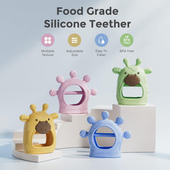 Momcozy baby teether blue close-up highlights varied textures for teething relief