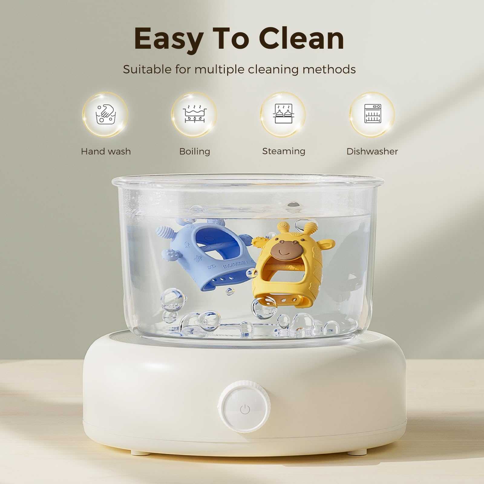 Momcozy teether cleaning methods show dishwasher and boiling safe
