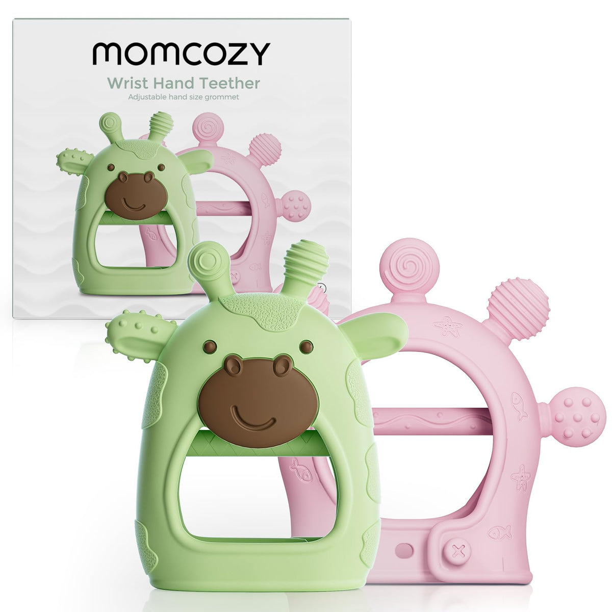 Momcozy baby teether green closeup demonstrates BPA-free silicone for soothing teething gums
