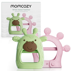 Momcozy baby teether green closeup demonstrates BPA-free silicone for soothing teething gums