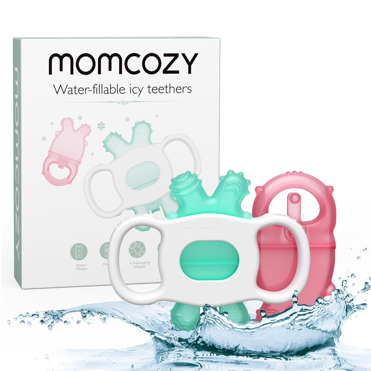 Momcozy baby teether green and pink 2pcs for soothing sore gums