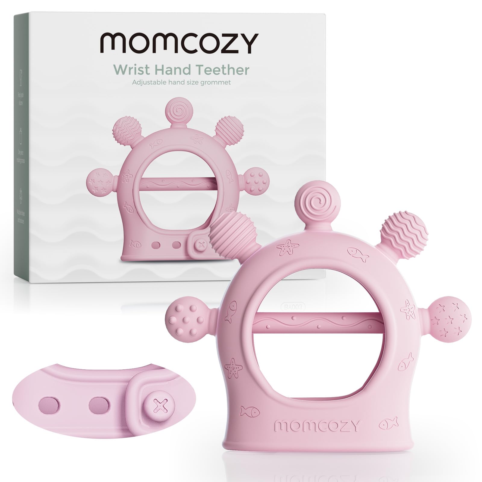 Momcozy pink silicone baby teether soothing gums on contact